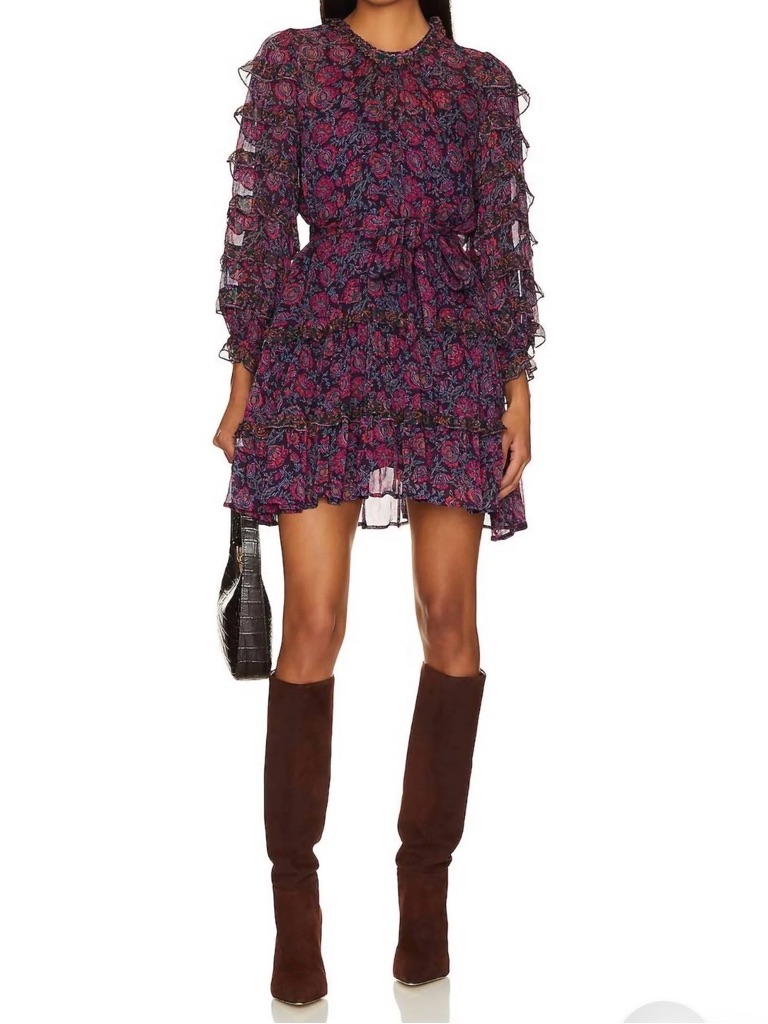 Cleobella Boho Paisley Ruffle Tiered Mini Dress Long Sleeve Mock Neck Sz S Nwot